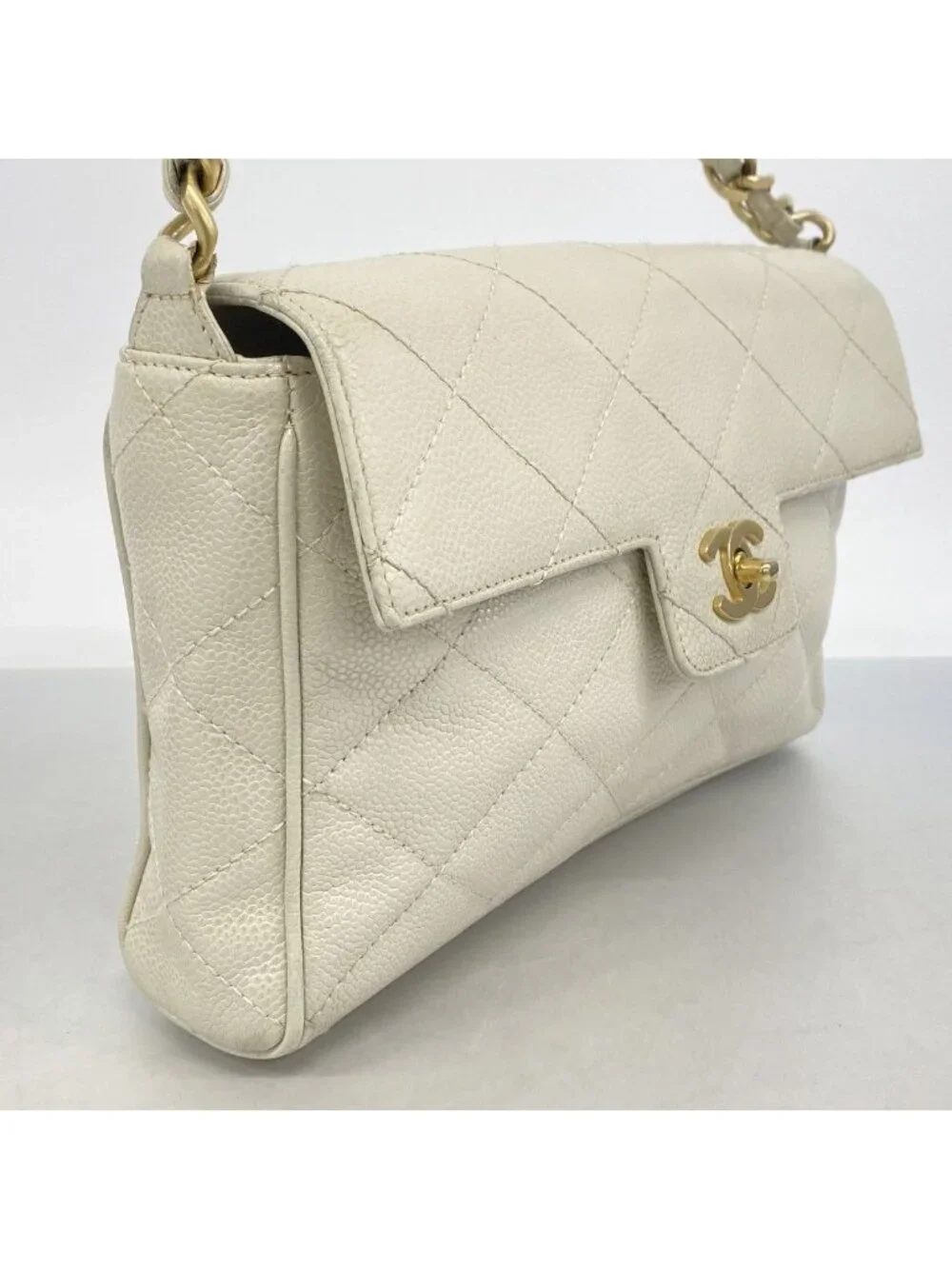 Chanel Handbag Quilted Caviar Leather White Gold